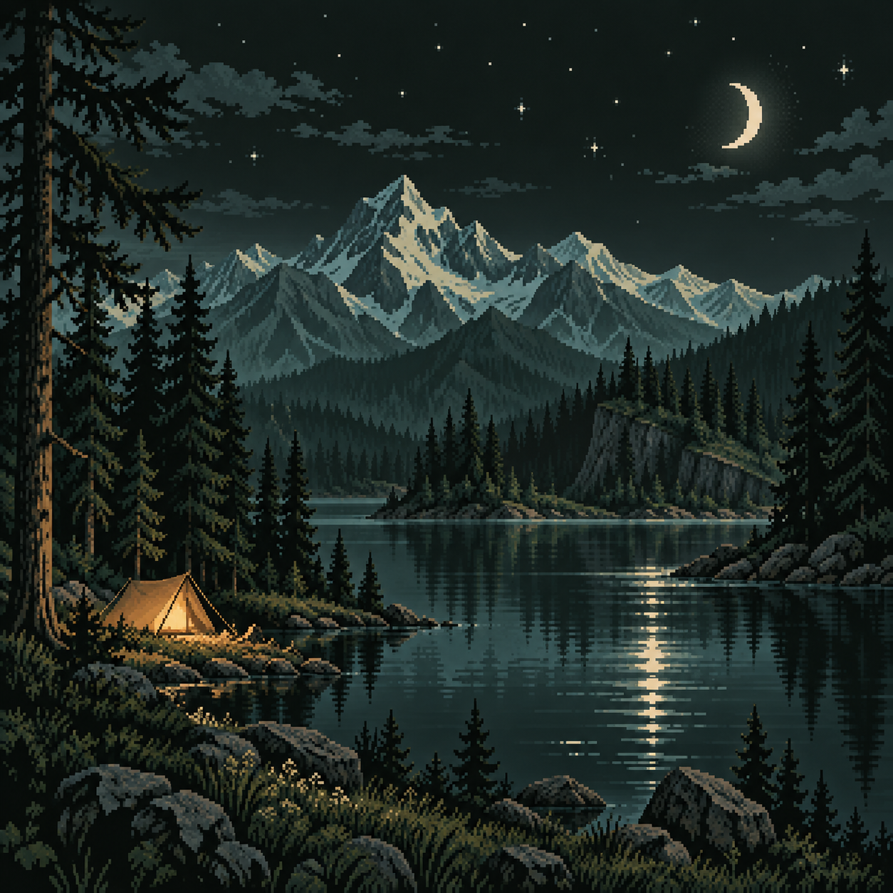 Pixel-art mountains above a moonlit lake, with pine trees and a small amber-lit tent.